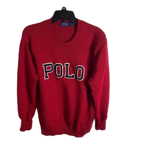 Polo Ralph Lauren Logo Red Knit Sweater Medium Spell Out - Picture 1 of 5
